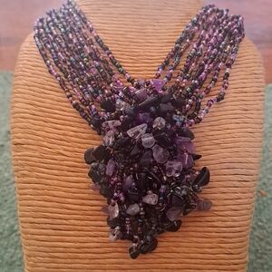 Multi Stand Seed Bead Statement Handmade Necklace Amethyst